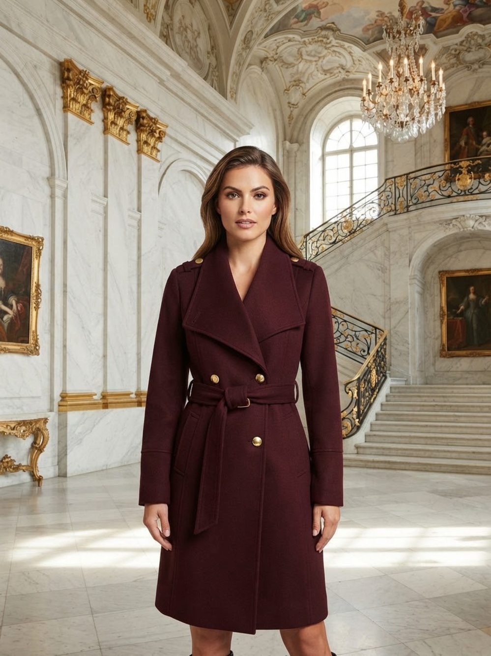 Guess Wool Double-Breasted Belted Trench Coat - Burgundy